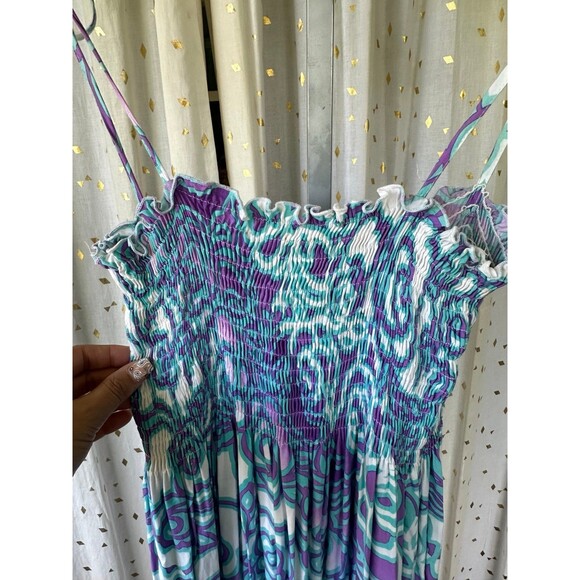 Pumehana Hawaiian Aloha Smocked Self Tie Spaghetti Straps Midi Sun Dress S/M - Picture 3 of 5
